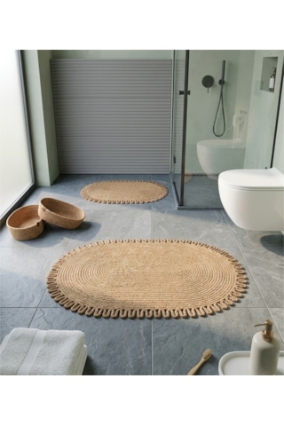 Senza Atelier Bohem Lüks Hasır Banyo Seti - Jüt Örgü Kaymaz Paspas Ve Saklama Sepeti - 4 Parça Banyo Aksesuar Seti Jüt Hasır