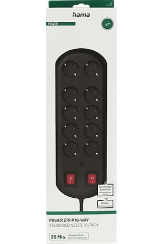 10'lu Akım Korumalı Priz, 2 Switches, 2m, Siyah Diğer