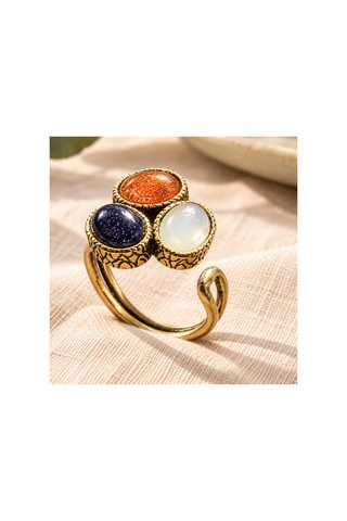 Esoo Jewelry Doğal Taş Detaylı 3 Taşlı Vintage Gold Ayarlanabilir Kadın Yüzük - Beyaz Siyah Kahve Beyaz - Siyah