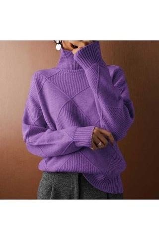 Tongxida Kadın Büyük Beden Lavanta Renk Yüksek Yaka Seyahat Kazak, Bol Mizaçlı, Uzun Kol, Polyester Kumaş, Banliyö Stili Lavanta