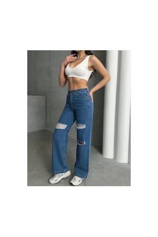 Kene Jeans Çift Diz Lazer Yırtık Mavi Bol Paça Jeans Mavi