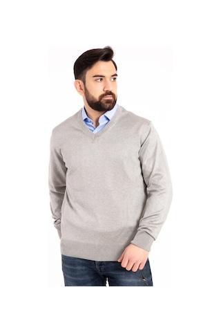 Nacar Store Erkek Gri İnce Yün Triko V Yaka Triko Kazak