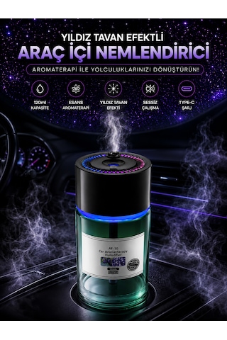 Araç İçi Hava Nemlendirici 120ml Yıldız Tavan Efektli Sessiz 300mah Şarjlı Araba Kokusu