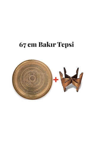 Binbir Trend 67 Cm El İşlemeli Otantik Desenli Kalın Urfa Bakır Tepsi Petek Yıldız Göbekli + Katlanabilir Yer Sehpası