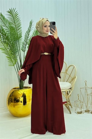 Neşeli Butik Kadın Pelerinli Kemer Detaylı Tesettür Tulum Nms061 Bordo