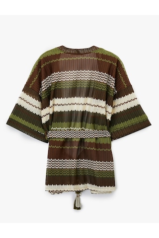 Koton Koton X Melis Ağazat - Kuşak Kemer Detaylı 3/4 Kol Desenli Pointelle Örgü Kimono Kahverengi Çizgili 6sak30082ek Kahve Çizgili