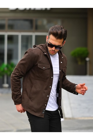 Koyu Kahve Renk Kapüşonlu Kot Ceket Koyu Kahverengi