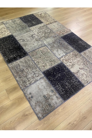 Çam Halı PW489 Gri Siyah El Dokuma Patchwork Yün Halı