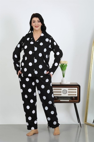 Celira Kadın Büyük Beden Pamuklu Cepli Düğmeli Siyah Pijama Takım 202504 Siyah