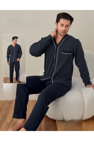 Lindros Erkek Gömlek Yaka İnterlok Uzun Kol Pijama Takımı 00148 - 1 Adet 001