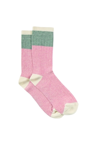 Kadın Pembe-yeşil Blok Desenli Soket Çorap Pembe