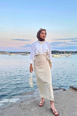 Unika Boutique Fiyonk Bağlamalı İçi Astarlı Keten Etek - Taş Rengi Bos