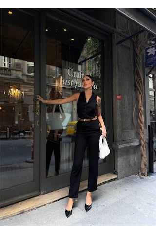 Modasize Keten Duble Paça Deri Taba Kemerli Pantolon - Siyah Siyah