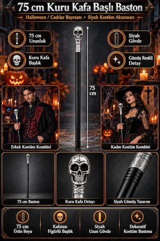 Halloween Cadılar Bayramı 75 Cm Kuru Kafa İskelet Başlı Siyah Kostüm Bastonu Parti Aksesuarı