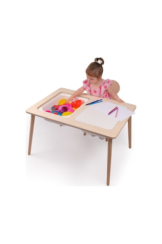 Montessori Çocuk Ahşap Oyun Etkinlik Çalışma Masası Seti, Sandalyeli Ve 2 Saklama Alanlı Ahşap