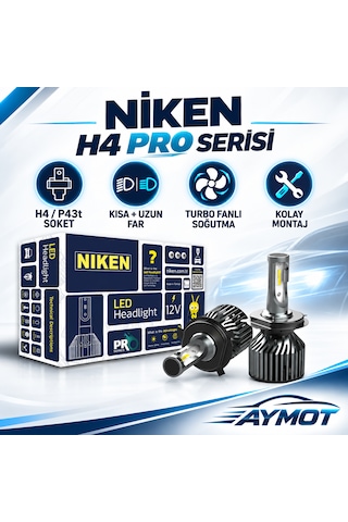 Niken H4 Pro Serisi Led Xenon Far Ampulü Kısa Uzun 6500k Beyaz Işık -
