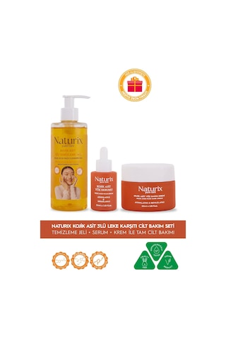 Naturix Kojik Asitli 3'lü Leke Karşıtı Bakım Seti Yüz Temizleme Jeli 250 Ml + Serum 30 Ml + Krem 50 Ml