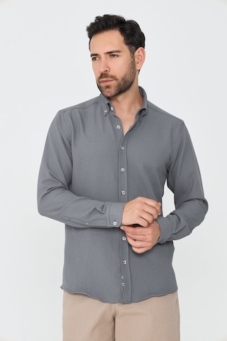 White Stone Gri Mikro Desenli Dynamic Fit Uzun Kollu Gömlek