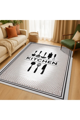 Turkıshrug Kıngdom Gri Kitchen Yazılı Dekoratif Mutfak Halısı Kaymaz Ve Yumuşak Çok Renkli