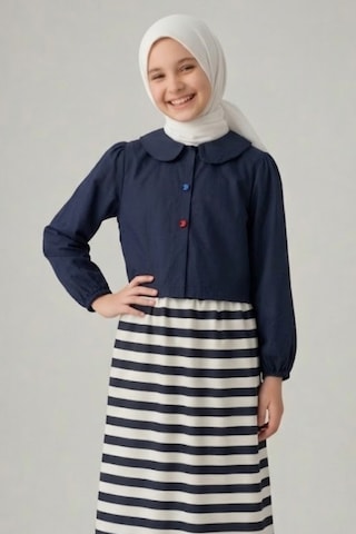 Angel&co. Girls Clothing Kız Çocuk Lacivert Marin Aksesuar Detaylı Poplin Gömlek-çizgili Etek Takım Lacivert Lacivert
