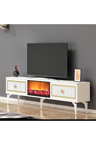 Flame Şömineli Tv Sehpası (Alt Modül) Beyaz-Altın