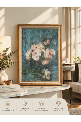 Varaklı Gold Çerçeveli Yağlı Boya Dokulu Salon Tablosu - Turkuaz Mavi Fonda Pembe Güller Klasik Vintage Duvar Tablosu 50x70 Cm / Çerçeveli 60x80 Cm