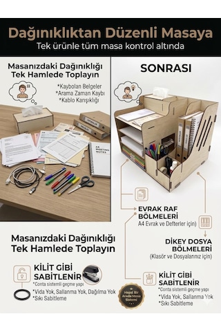 Mrx-org Desk 01 Masaüstü Organizer Peçetelikli Çok Amaçlı Masa Düzenleyici, Raflı Dosyalık Akçaağaç