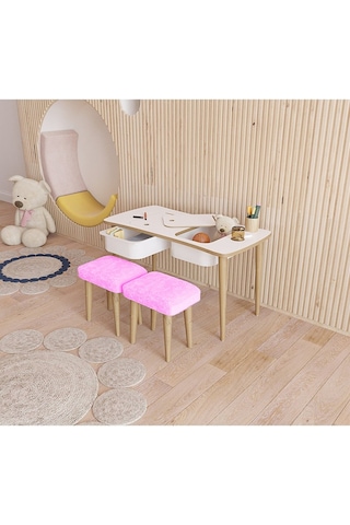 Fahrettin Küçük Montessori Çocuk Masası Oyun Masası Aktivite Masası Çalışma Masası - 2 Adet Welsoft Pembe Puflu Pembe
