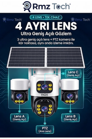 İnox X24 Sim Kartlı, 4 Kameralı , Güneş Enerjili, Solar Panelli Kamera, Aylık 8 Gb 1 Yıllık Sım Kart