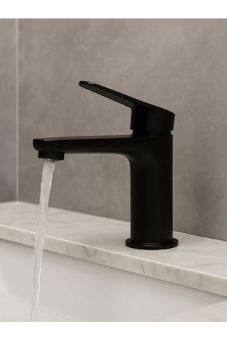Siyah Sabit Aç Kapa Kısa Lavabo Bataryası Pirinç Döküm Lavabo Musluğu Siyah
