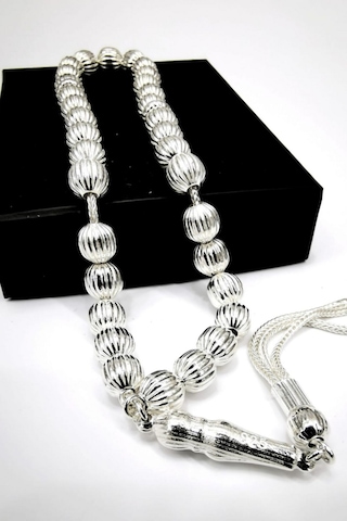 Omar Silver El İşi Telkari Gümüş Tesbih Oval Çizgili Top 21.15 Gr