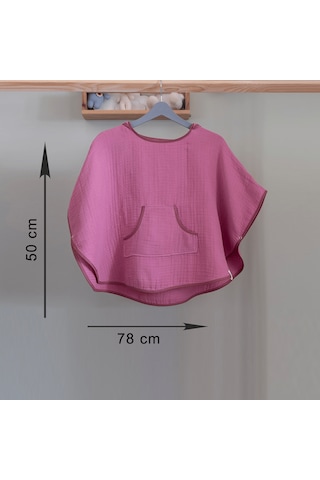 Organik Pamuk, Kapüşonlu Müslin Çocuk Pançosu - Pembe 12 - 36 Ay