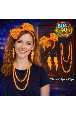 80 Ler 90 Lar Neon Turuncu Parti Seti Kolye Küpe Taç 2 "