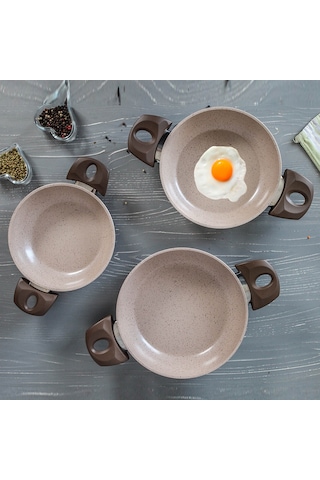 Gülsan Safran 3 Parça Granit Sahan Seti Tava Set 18 CM - 20 CM - 22 CM Krem