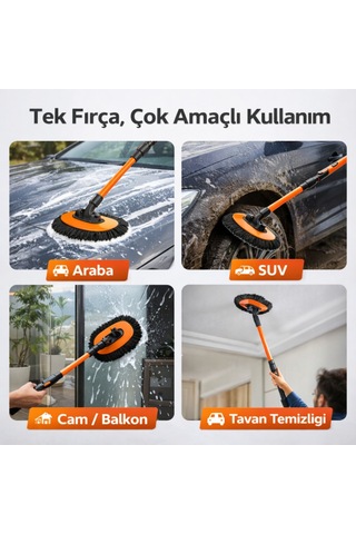 Polham 100cm Uzayabilen Teleskopik Saplı Kuru Islak Araç Temizleme Fırçası, İz Ve Çizik Bırkaz Fırça, Yedek Bezli