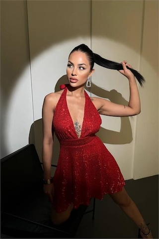 Kadın Kırmızı Halter Yaka Payet Elbise Dpnbdf046 Kırmızı