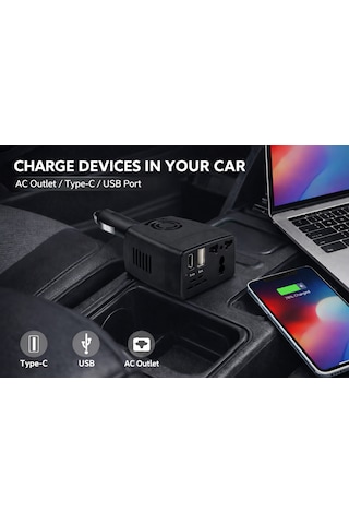 12v Araç İnvertörü 220v Priz Çevirici + Usb + Type-c 150w