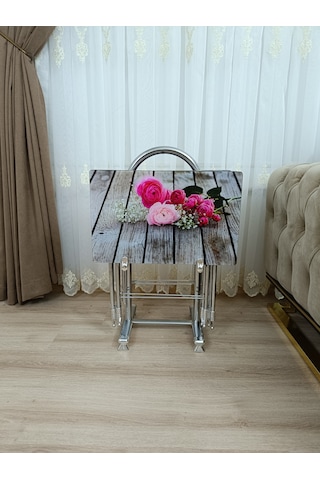 Çanta Zigon Sehpa,4'lü Sehpa, Zigon Sehpa, Camlı Sehpa -pembe Gül