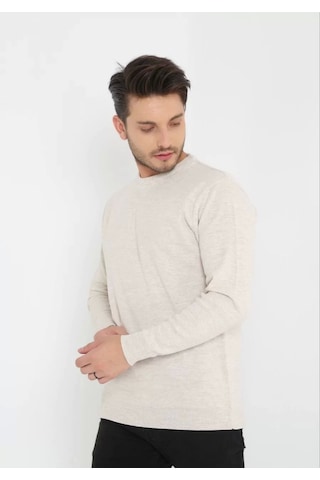 Unisex Uzun Kol Biskilet Yaka Dokuma Triko - Bej Bej