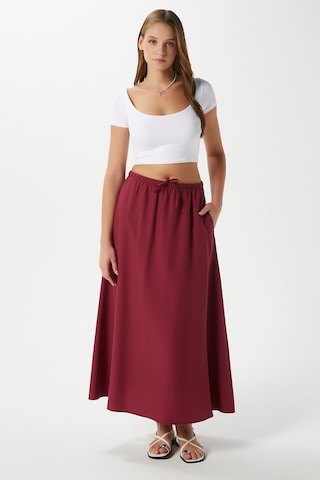 Kadın Seaside Bordo Astarlı Bel Lastikli Cepli Dokuma Uzun Etek Bordo