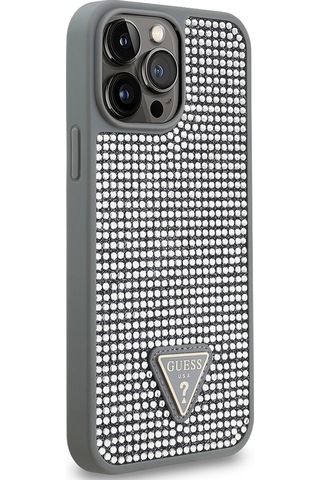Apple iPhone 13 Pro Max Uyumlu Kılıf Guess Lisanslı Taşlı Arka Yüzey Üçgen Logolu Kapak Gümüş