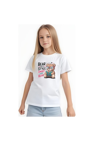 Fyk Kids Kız Çocuk Basic Bear Stayle Baskılı T-shirt Beyaz