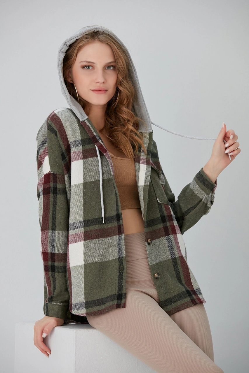 Pikka Online Kadın Çok Renkli Haki Oduncu Oversize Kapüşonlu Ceket Gömlek Haki