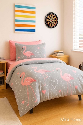 Flamingo Desenli Pamuklu Tek Kişilik Nevresim Takımı Renkli
