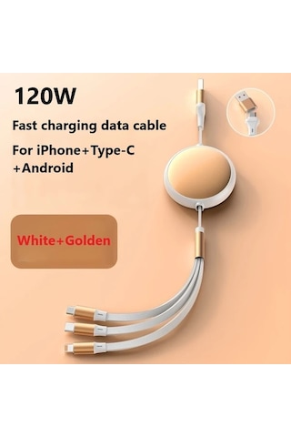 Honeybeeshop Beyaz Altın 120w 2de 3 Teleskopik Hizli Sarj Kablosu Usb Type C Micro Lightning Coklu Baslik İpdone Uyumlu Galaxy Uyumlu Xiaomi Huawei Icin