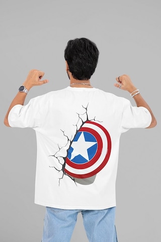 Kaptan Amerika Kalkan Baskılı Unisex Oversize Avengers Marvel Tiş Beyaz