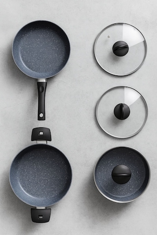 7 Parça Almeria Gri Granit Dik Tencere Ve Tava Seti 20 Cm 2.5l, 24 Cm 4.5l, 26 Cm 3l, 26 Cm Tava Lacivert