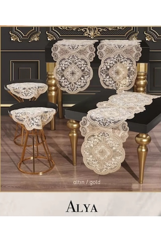 Salon Takımı 5 Parça Dantelli Masa Örtüsü Runner Seti Alya Model No 124 - Altın Çok Renkli