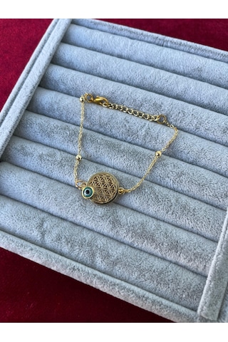 Altın Renk Nazar Boncuğu Sarkıntılı Yaşam Çiçeği Kararmaz Paslanmaz Kadın Bileklik