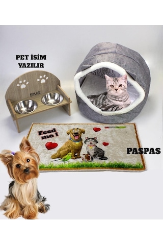 Alas Gri Keçe Kedi ve Köpek Evi Yatağı-Mama Kabı 2 Kaseli